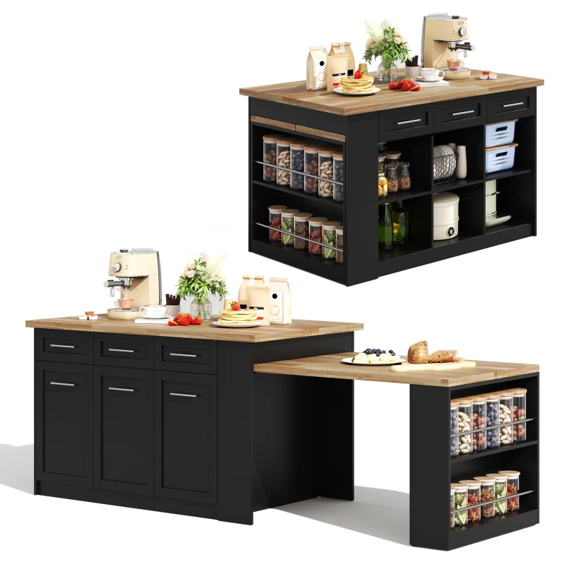 Modern Kitchen Island with Hidden Extendable Dining Table, Mobile Breakfast Bar with Marble-Effect Worktop, 150L x 90W x 90H cm, Black+Natural