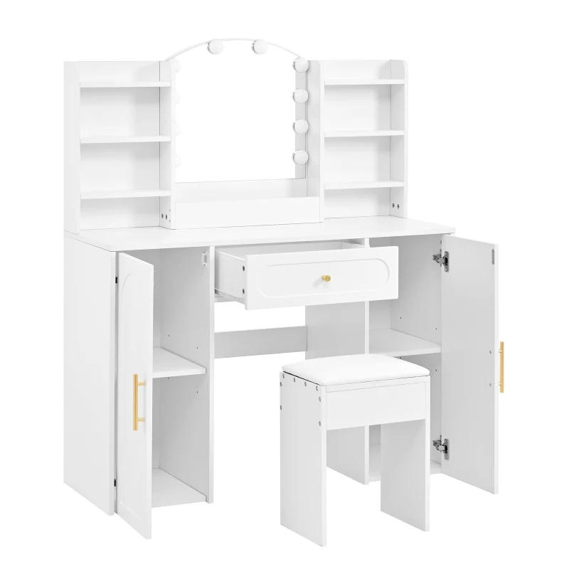 Modern Vanity Desk with Padded Stool and 2 Storage Cabinets, Makeup Dressing Table with Adjustable LED Mirror, 110L x 40W x 132H cm, White