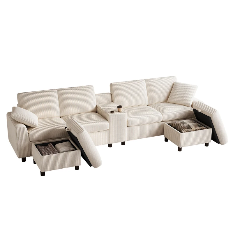 Modern Corduroy U-Shaped Sectional Sofa with 2 Movable Storage Ottomans, Soft Luxury Couch with USB Charging Ports, 315L x 135W x 81H cm, Beige