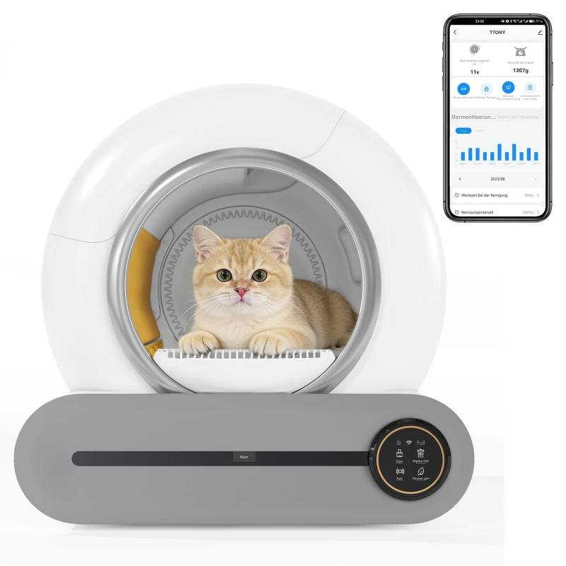 Self-Cleaning Cat Litter Box with App Control and Odor Eliminator, Automatic Cat Litter Tray for Multi-Cat Households, 48L x 52W x 50.5H cm, White