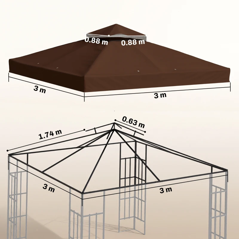 Outsunny Acoperiș de Schimb pentru Foișor 3x3 m cu 2 Niveluri pentru Grădină, Pânză Rezistentă la Apă din Țesătură Oxford 370g/㎡ Anti-UV 30+ cu Orificii de Drenaj, Cafea