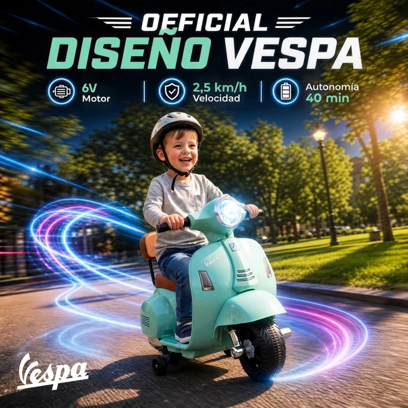 AIYAPLAY Moto Eléctrica para Niños Licencia Mini Vespa GTS 2 Ruedas Auxiliares Batería de Litio Faro Bocina Respaldo Verde