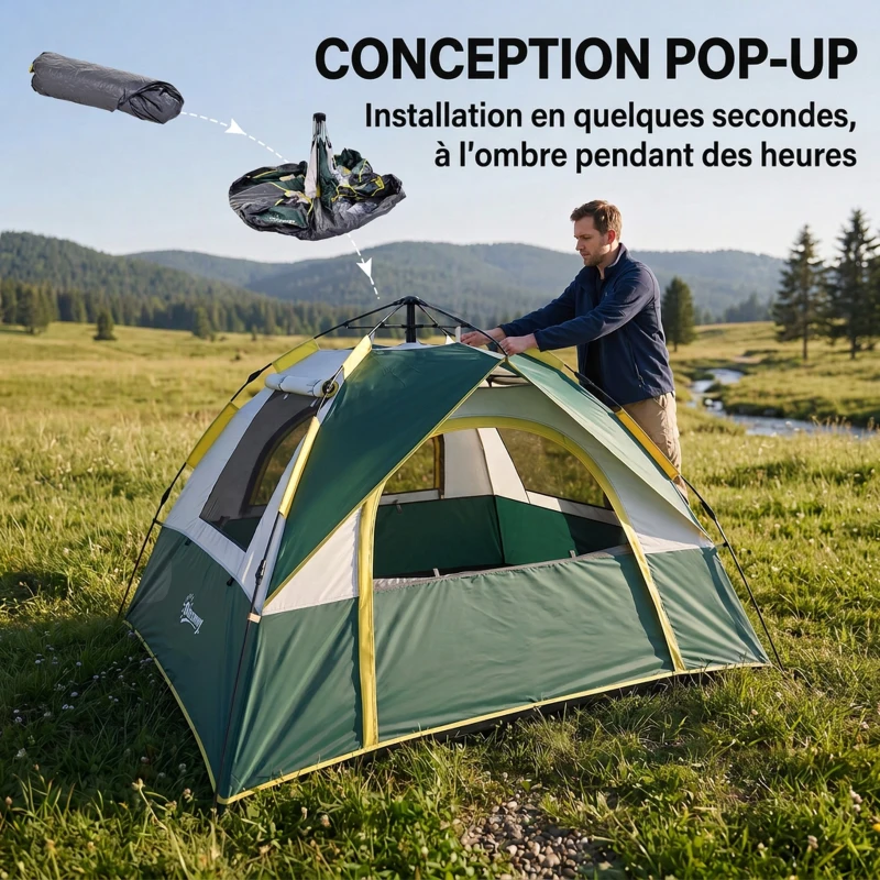 Outsunny Tente de camping pop up 2 personnes porte 3 fenêtres sac de transport inclus fibre verre polyester PE