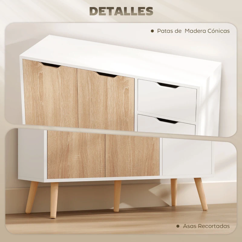 HOMCOM Aparador Moderno Aparador para Salón con 3 Puertas y Cajón Mueble Auxiliar para Salón Cocina Dormitorio 90x30x72 cm Blanco y Natural