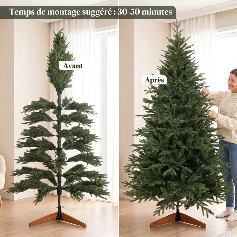 HOMCOM Sapin de Noël Artificiel 180 cm, Arbre de Noël, 2081 Branches Articulées en PE et PVC Ignifuge, Support en Bois Robuste