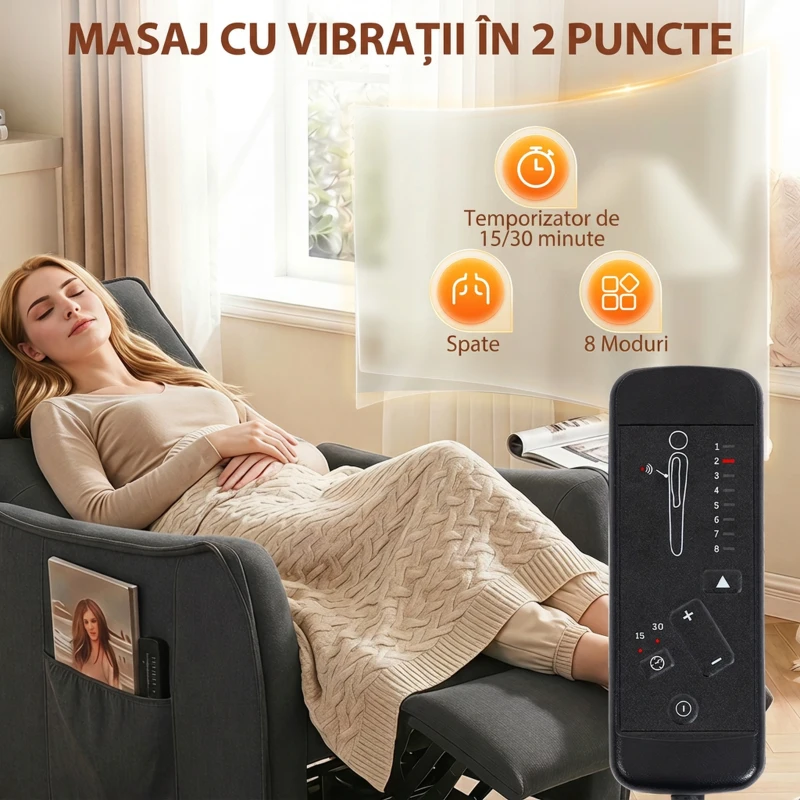 HOMCOM Fotoliu cu Masaj Reclinabil Manual, Țesătură Tip In, cu Telecomandă, Gri Închis
