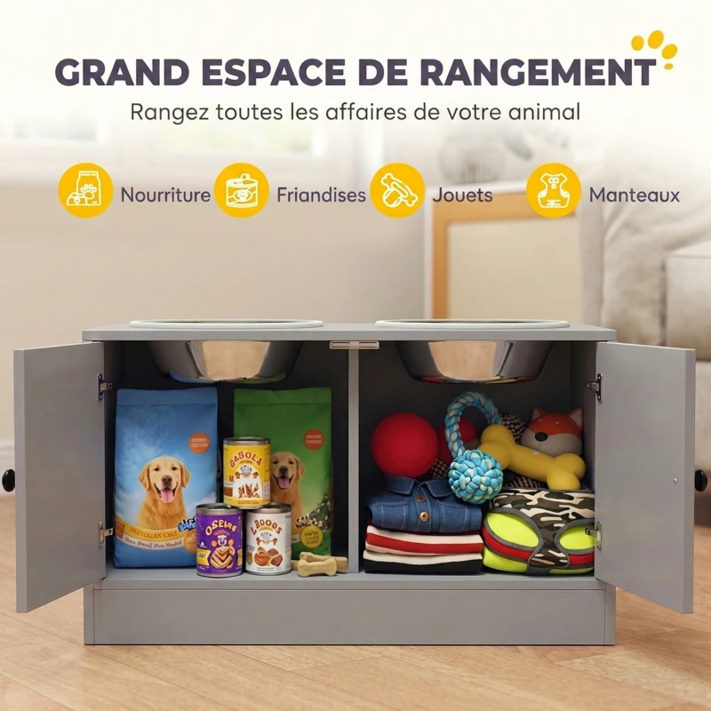 PawHut Gamelle Chien Surélevée Meuble d'Alimentation Rangement 40L 2 Bols Inox 2L 1 Gamelle Anti-Glouton 60x30x35,5cm Gris