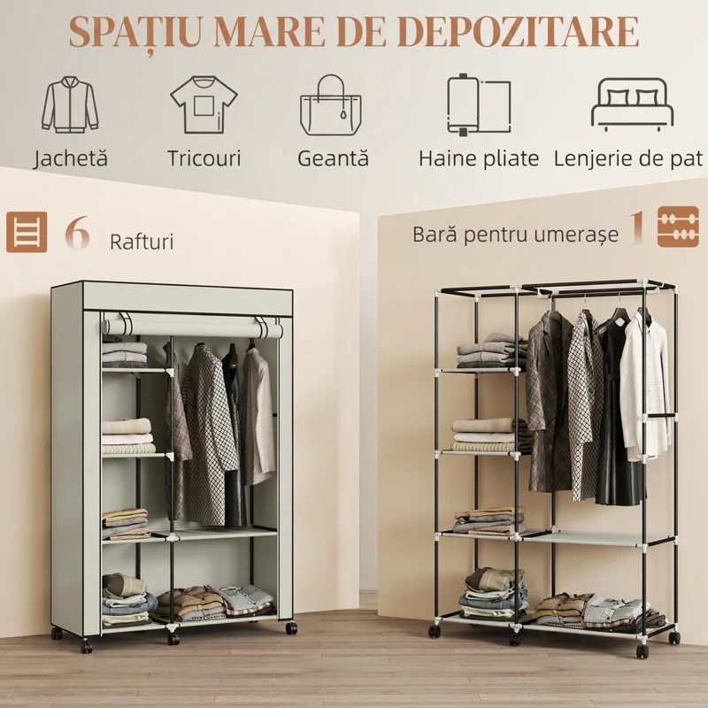 HOMCOM Dulap textil portabil cu roți, 6 rafturi deschise și bară pentru haine, crem