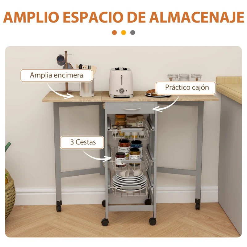 HOMCOM Carrito Auxiliar Plegable Carrito de Cocina con 6 Ruedas 1 Cajón y 3 Cesta de Metal 97,2x37x77,5 cm Gris y Roble