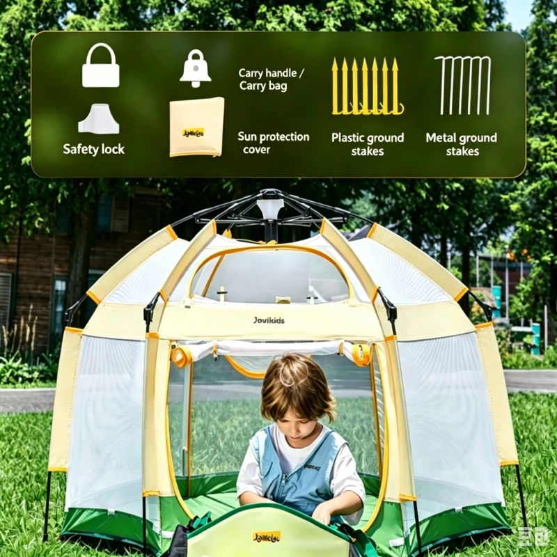 Pop-Up Baby Playpen with Removable Canopy, Portable Six-Sided Play Yard with Breathable Mesh for Outdoor, 150L x 150W x 105H cm, Green