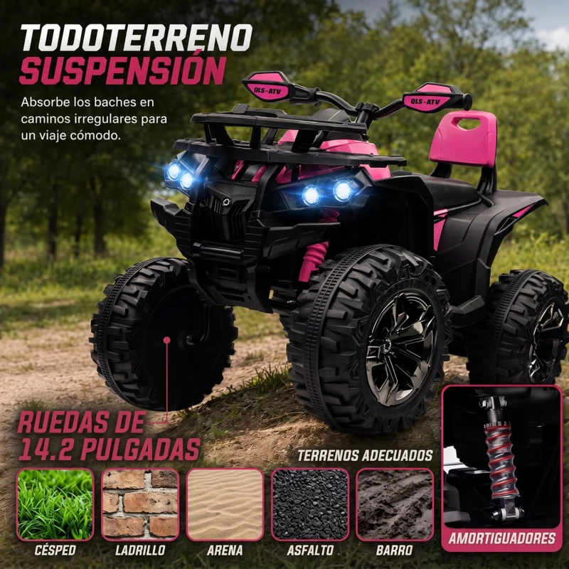 HOMCOM Quad Eléctrico para Niños 12V Quad para Niños de 3–5 Años con 2 Motores Suspensión 3–8 km/h Música Faros LED USB Rosa