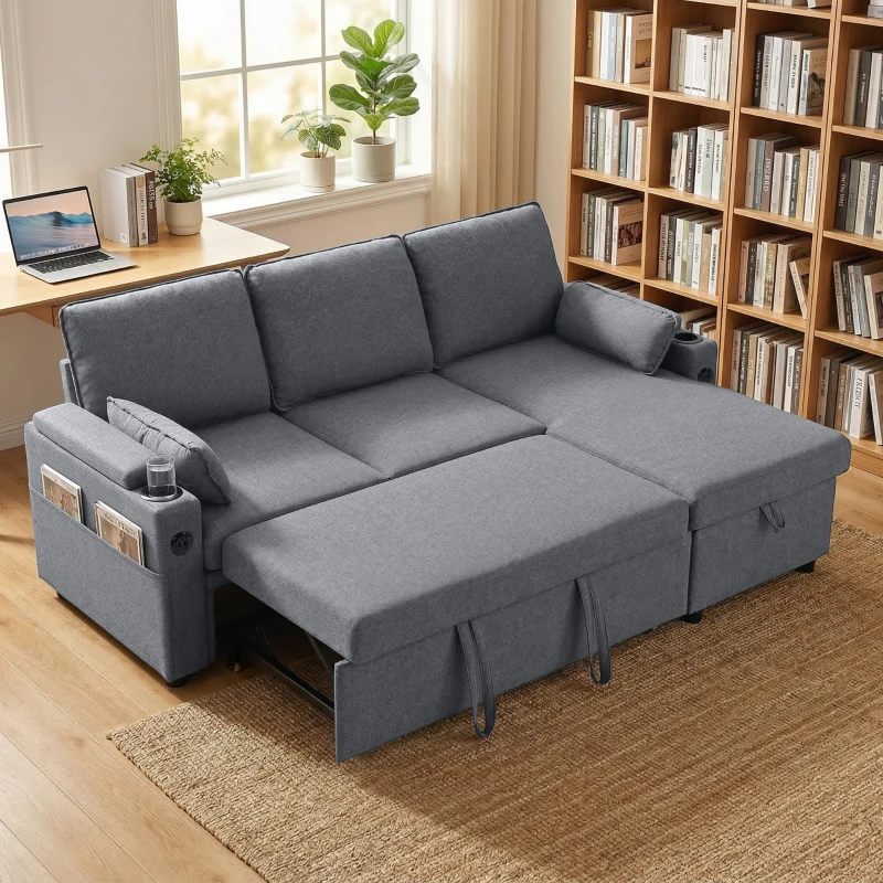 HOMCOM Corner Sofa Bed, L Shaped Sleeper Sectional Sofa with Reversible Storage Chaise, Grey