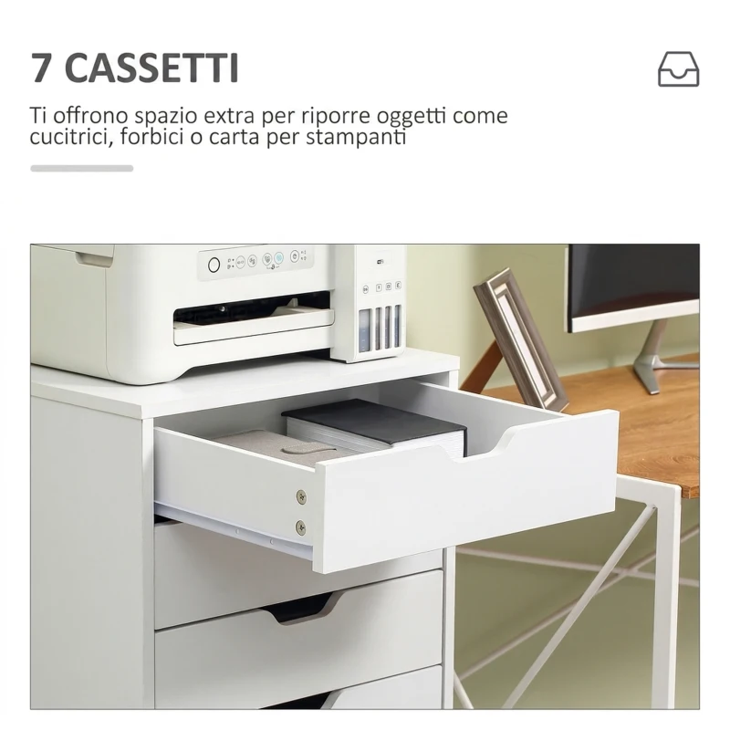 Vinsetto Schedario da Ufficio con 7 Cassetti, Ruote a Freno, Cassettiera Scrivania per Lettera/Formato A4/Legale, Bianco