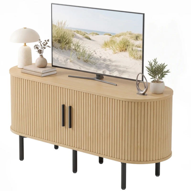 HOMCOM Meuble TV 106 cm, Meuble Télé pour 50 Pouces, 2 Portes Coulissantes à Tambour 4 Compartiments Étagères Réglables, Chêne