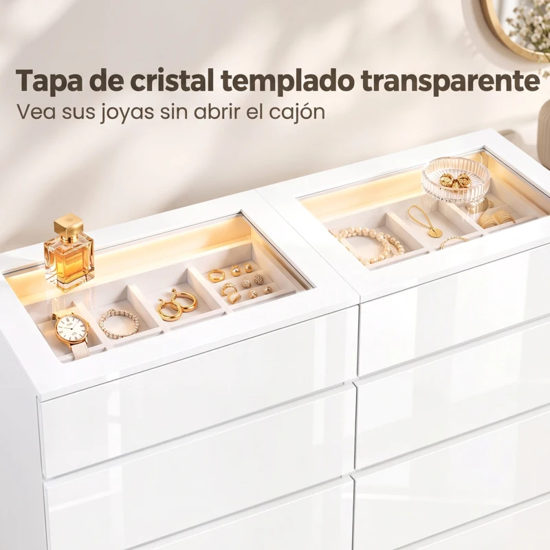HOMCOM Cómoda de 8 Cajones con 2 Joyeros Encimera de Vidrio Templado Luces LED y Control Bluetooth Blanca
