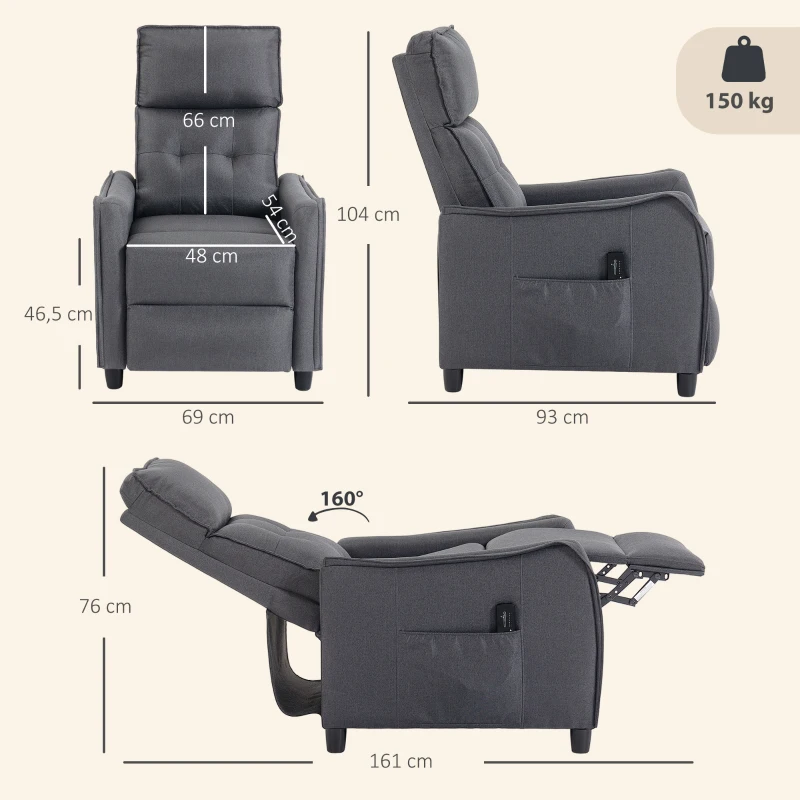 HOMCOM Sillón de Masaje Reclinable con Reposapiés 2 Zonas de Masaje Asiento de Muelles Bolsillos Tapizado en Lino Gris