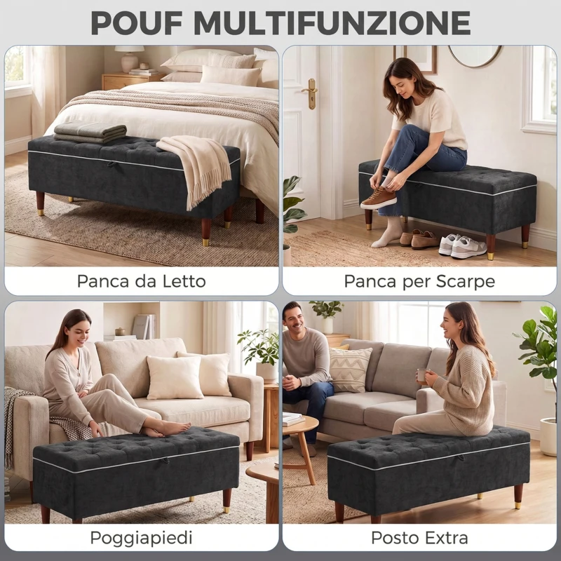 HOMCOM Cassapanca 78L Pouf Contenitore 117x44x45cm, Seduta Imbottita 2 Posti in Tessuto Effetto Lino, Grigio Scuro