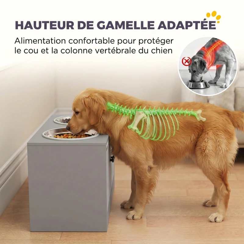 PawHut Gamelle Chien Surélevée Meuble d'Alimentation Rangement 40L 2 Bols Inox 2L 1 Gamelle Anti-Glouton 60x30x35,5cm Gris
