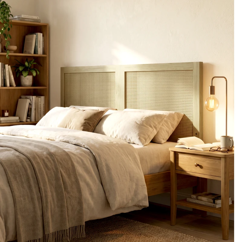 HOMCOM Kopfteil aus Holz mit Rattan-Effekt, Boho-Design, für Schlafzimmer, 140 x 4 x 87 cm, Eiche