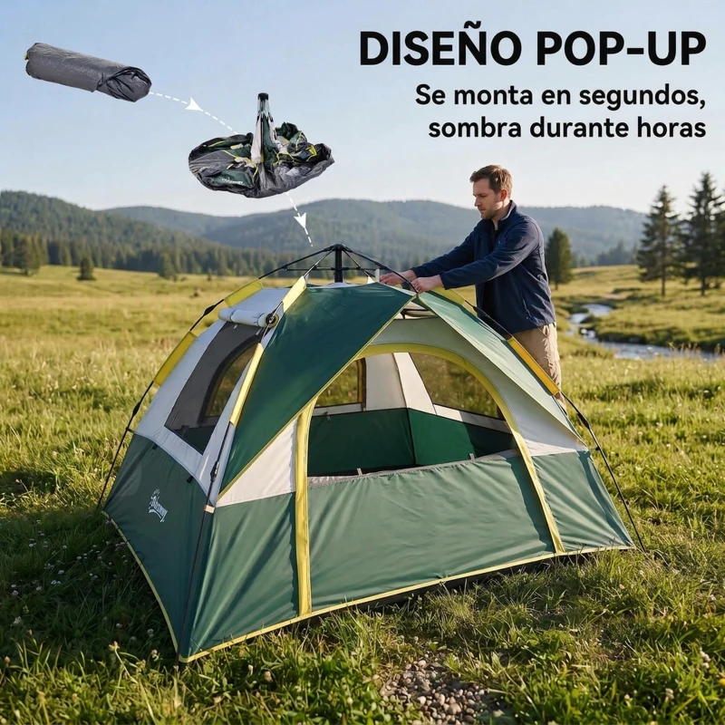 Outsunny Tienda Camping Plegable con 1 Puerta 3 Ventanas Bolsa de Transporte y Apertura Automática 205x195x135 cm Verde