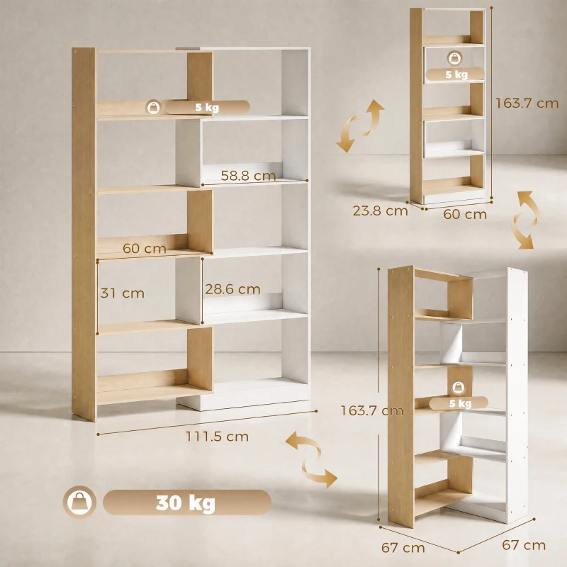 HOMCOM Bibliotecă de Colț cu 5 Polițe, Design Rotativ 350°, Lemn/Alb