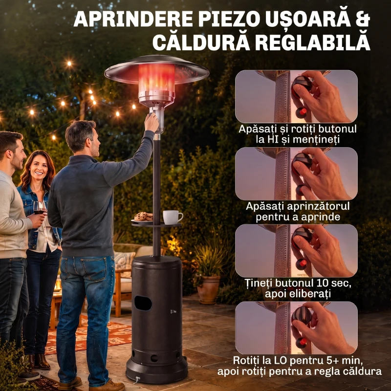 Outsunny Încălzitor de terasă cu gaz 13 kW, cu roți și măsuță, maro