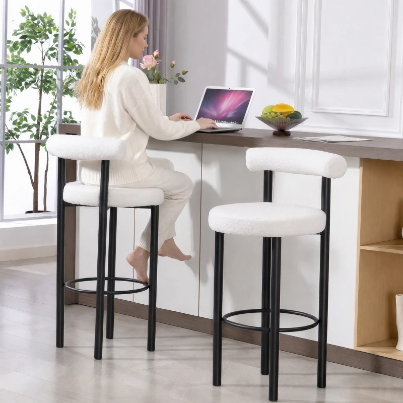 HOMCOM Lot de 2 tabourets de bar, chaises de bar en tissu bouclette avec dossier incurvé, repose-pieds, 50x52,5x98cm, blanc
