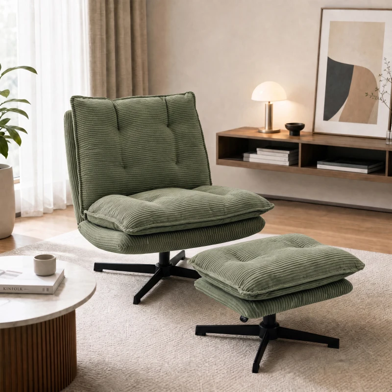 HOMCOM Sillón lounge con reposapiés, giratorio 360°, tapizado de pana, reposapiés ajustable en altura, Verde