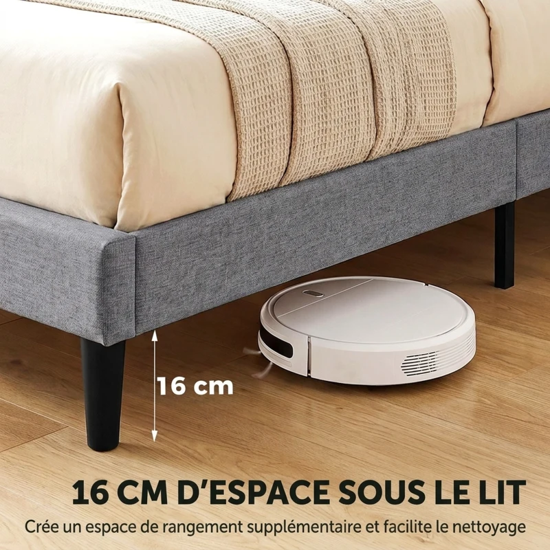 HOMCOM Cadre de Lit 140 x 190 cm avec Sommier, Lit Double Rembourré en Lin, Tête Capitonnée, Support à 10 Lattes, Gris