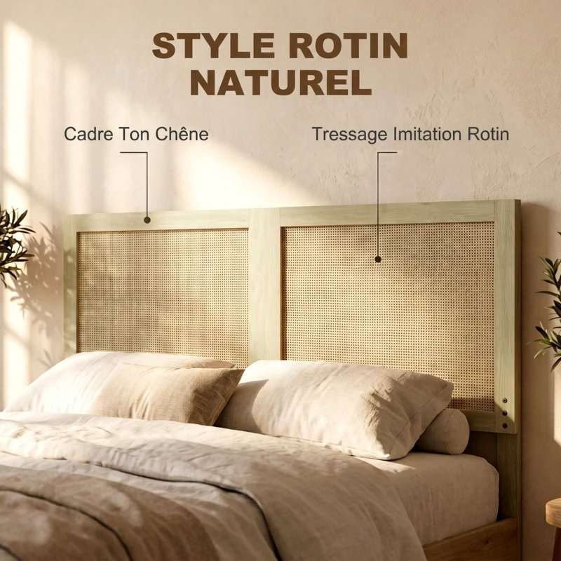 HOMCOM Tête de Lit en Bois à Effet Rotin, Design Bohème, pour Chambre à Coucher, 140 x 4 x 87 cm, Chêne