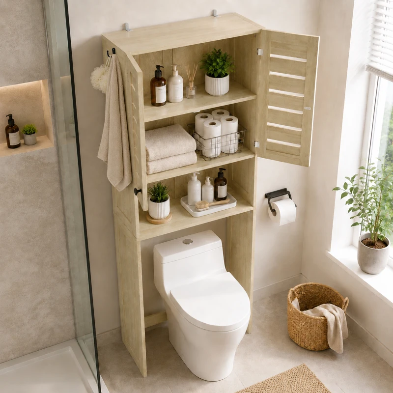 HOMCOM Mueble sobre el inodoro/para lavadora con armario de puertas dobles, puertas persianas, 67x31,5x190cm, roble