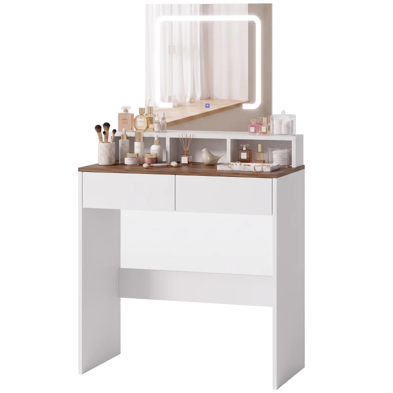 HOMCOM Vanity Table, Dressing Table with Mirror, LED Lights, 2 Drawers, 3 Compartments, 3 Colour Lighting, Walnut