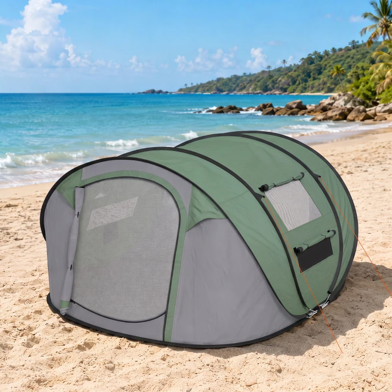 Outsunny 3 Person Pop-up Camping Tent, Family Dome Tent with Ground Sheet, 4 Windows and Portable Carry Bag for Beach Outdoor Trip, Dark Green