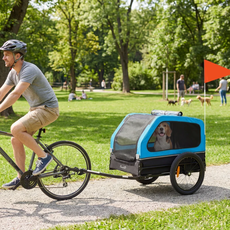 PawHut Dog Bike Trailer with Flip-Down Ramp Tailgate, Quick Release Frame, Universal Bicycle Coupler, Reflectors, Blue