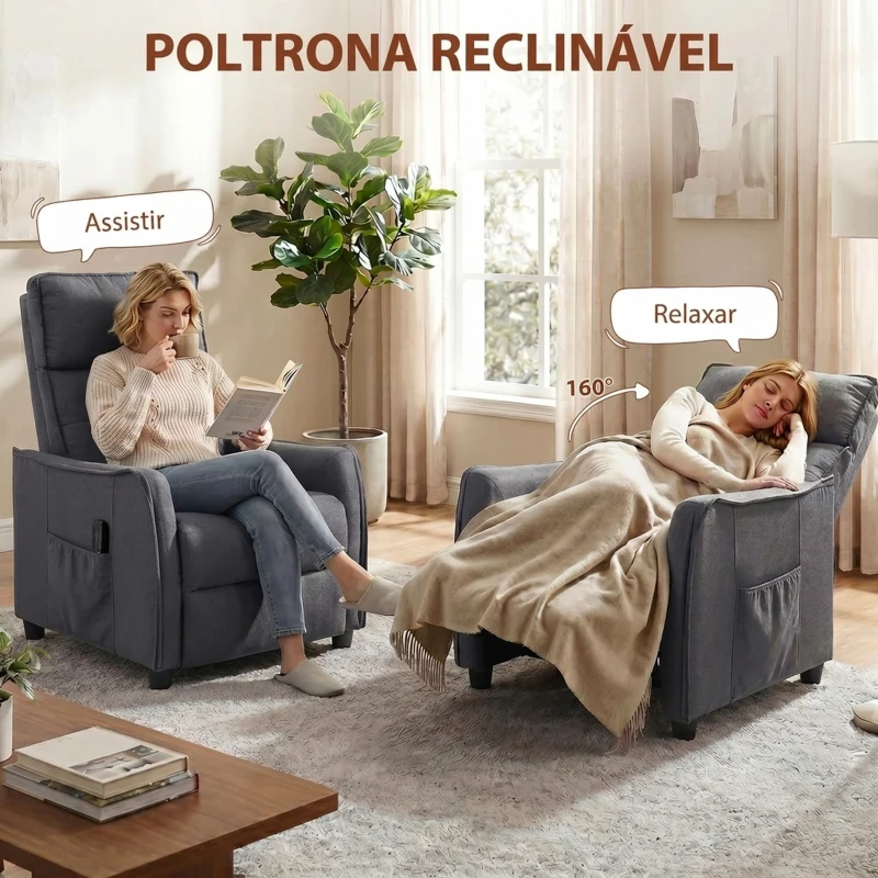 HOMCOM Poltrona de Massagem Reclinável com Apoio para Pés 2 Zonas de Massagem Assento com Molas Bolsos Estofado em Linho Cinzento