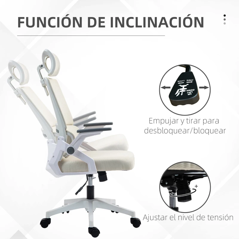 Vinsetto Silla de Oficina de Malla Silla de Escritorio con Altura Ajustable Reposacabezas Regulable y Reposabrazos Beige