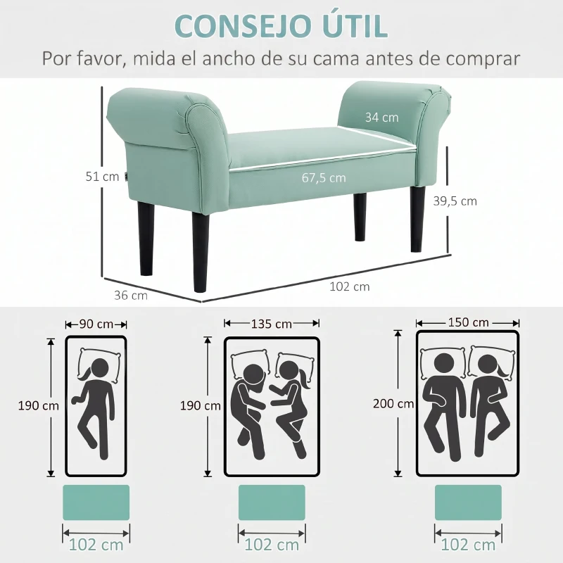 HOMCOM Banco Pie de Cama Tapizado en Lona con Patas de Madera Reposabrazos y Asiento Acolchado Verde Claro