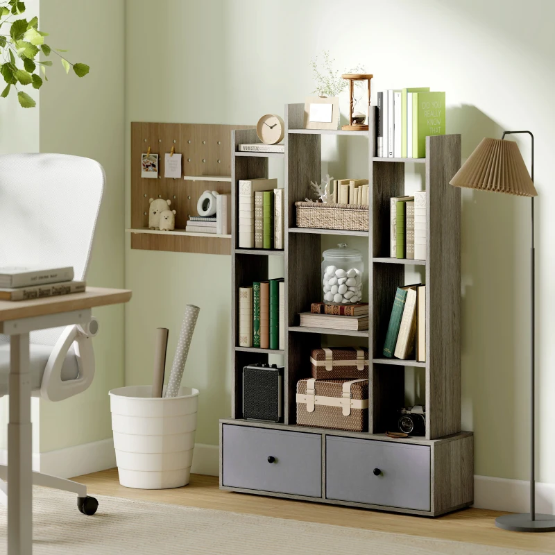 HOMCOM 12 Shelf Storage Unit, with Drawers - Graphite Wood Effect