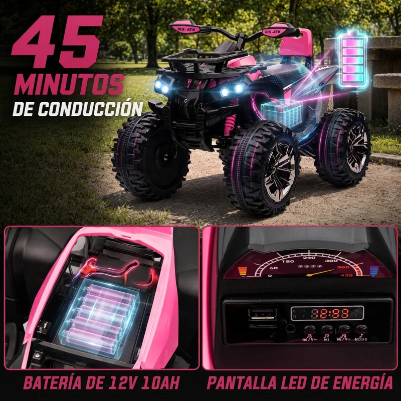 HOMCOM Quad Eléctrico para Niños 12V Quad para Niños de 3–5 Años con 2 Motores Suspensión 3–8 km/h Música Faros LED USB Rosa