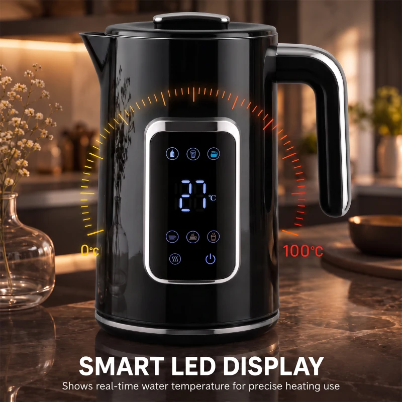 HOMCOM Waterkoker 1,7 L, 2200 W, met LED-display, instelbare temperatuur, warmhoudfunctie, zwart