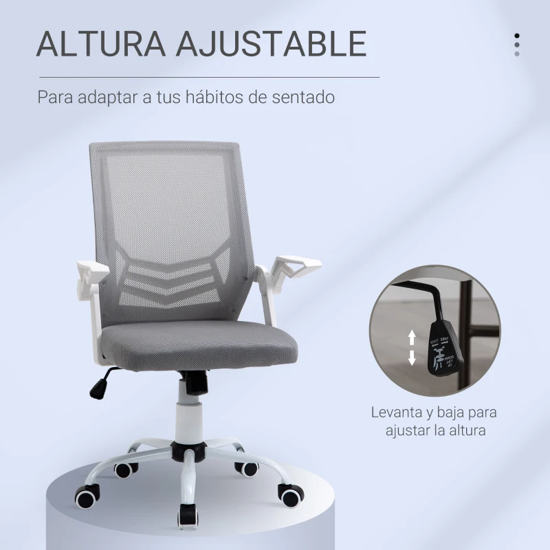 Vinsetto Silla de Oficina Ergonómica Silla de Malla con Altura Ajustable Reposabrazos Abatible Soporte Lumbar Transpirable 62,5x55x94-104 cm Gris