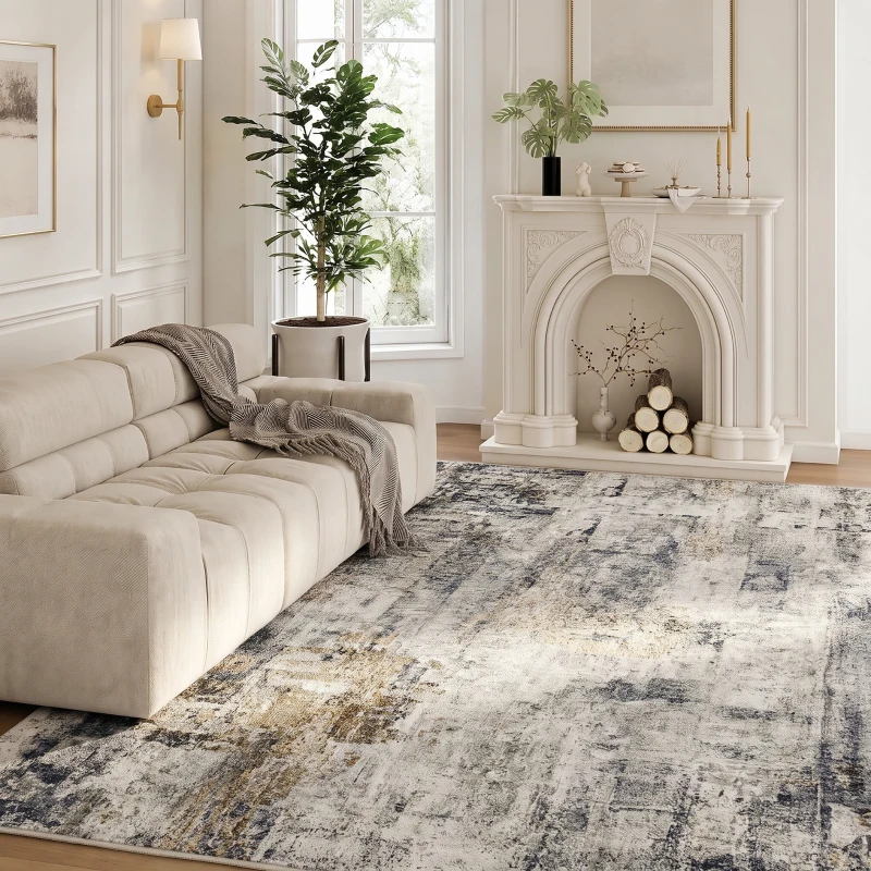 HOMCOM Alfombra de salón, poliéster, diseño artístico moderno, lavable, gris