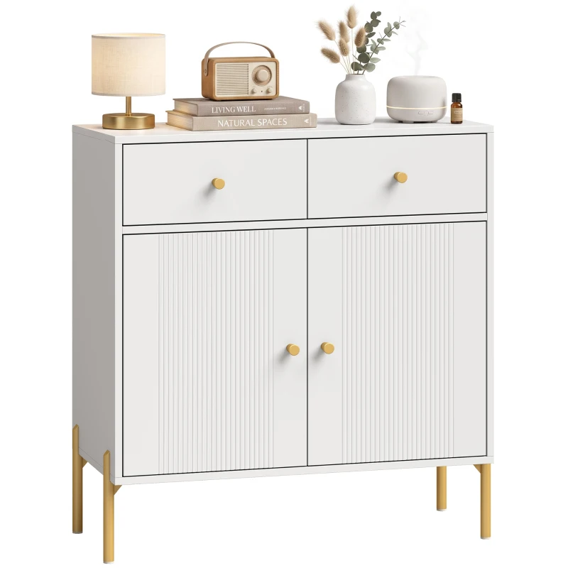HOMCOM Bufet pentru living, mobilier de depozitare cu 2 uși, 2 sertare, rafturi reglabile și picioare metalice, 80 x 39 x 86 cm, Alb