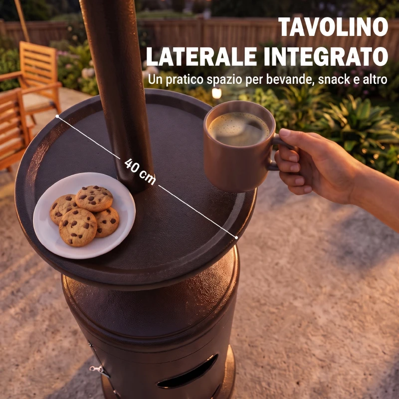 Outsunny Fungo Riscaldante a Gas 13kW, con Ruote e Tavolino, Marrone