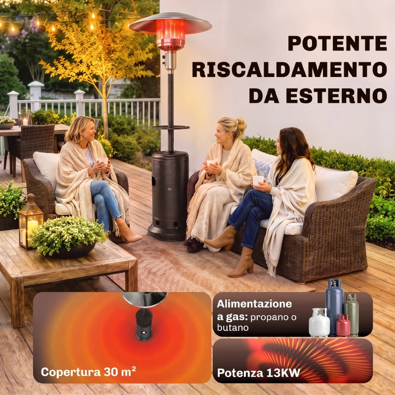 Outsunny Fungo Riscaldante a Gas 13kW, con Ruote e Tavolino, Marrone