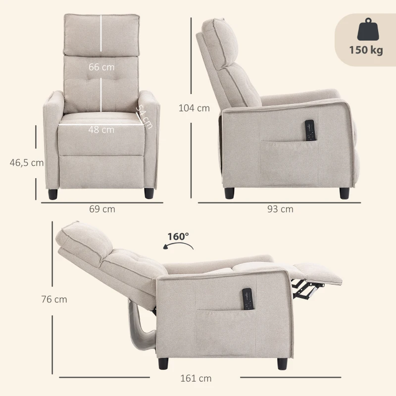 HOMCOM Poltrona Massaggiante e Reclinabile a 160° con Poggiapiedi e Telecomando, 69x93x104 cm, Effetto Lino Bianco Crema