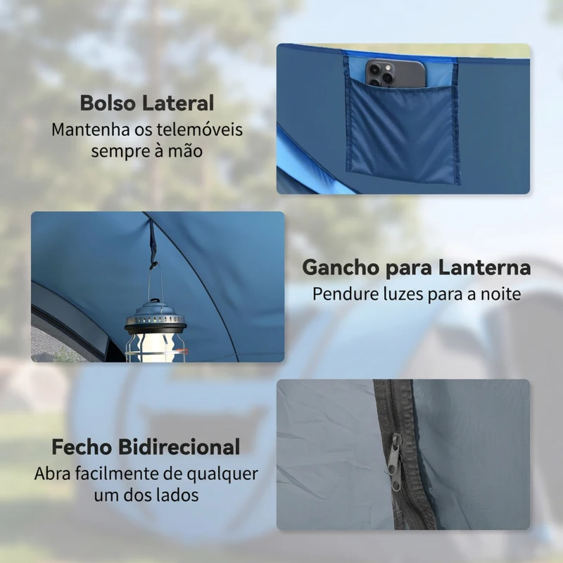 Outsunny Tenda de Campismo Pop-up para 2-3 Pessoas com Janelas Impermeável Anti-UV 263,5x220x123 cm Azul