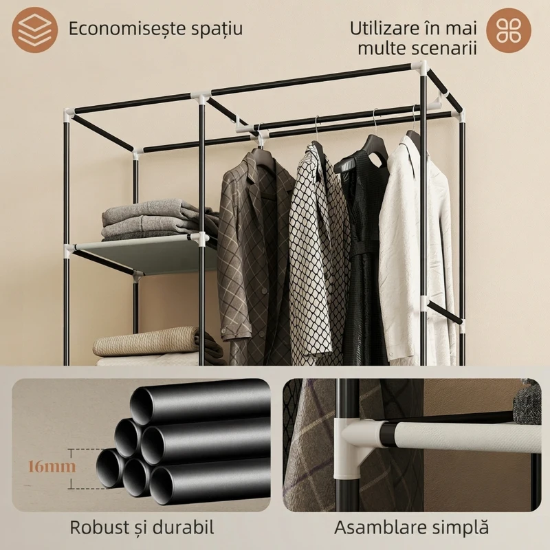 HOMCOM Dulap textil portabil cu roți, 6 rafturi deschise și bară pentru haine, crem
