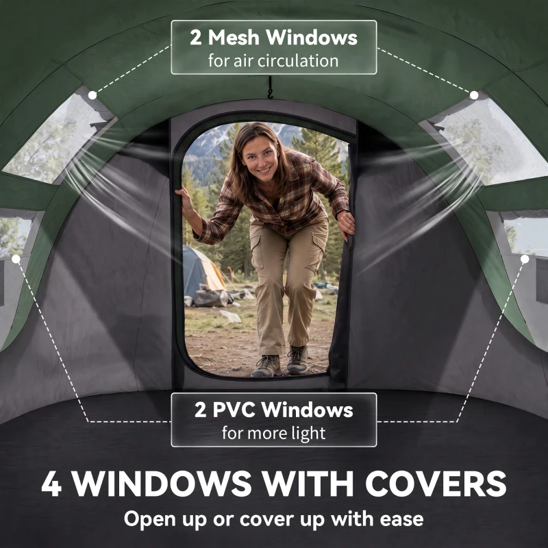 Outsunny 3 Person Pop-up Camping Tent, Family Dome Tent with Ground Sheet, 4 Windows and Portable Carry Bag for Beach Outdoor Trip, Dark Green