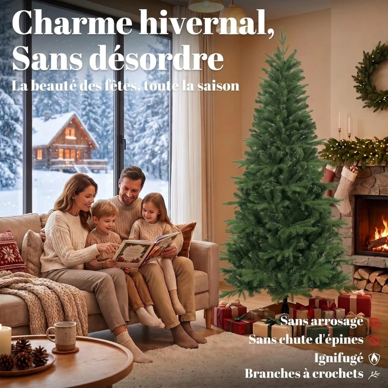 HOMCOM Sapin de Noël Artificiel 180 cm, Arbre de Noël, 1162 Branches Articulées en PE et PVC Ignifuge, Support en Bois Pliable